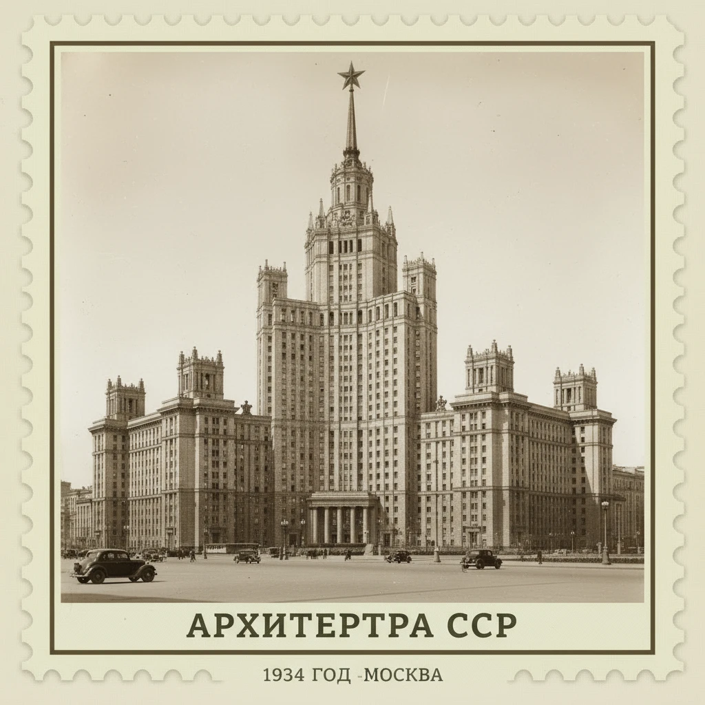 Серия небоскребов в стиле сталинский ампир, СССР 1934 год

Стилизуй изображение под марку как на фото emoji