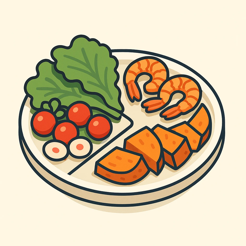 Harvard plate: half with assorted raw vegetables including lettuce, radishes, cherry tomatoes; one quarter with grilled shrimp as protein; one quarter with roasted sweet potatoes as complex carbs, 2D isometric illustration style emoji