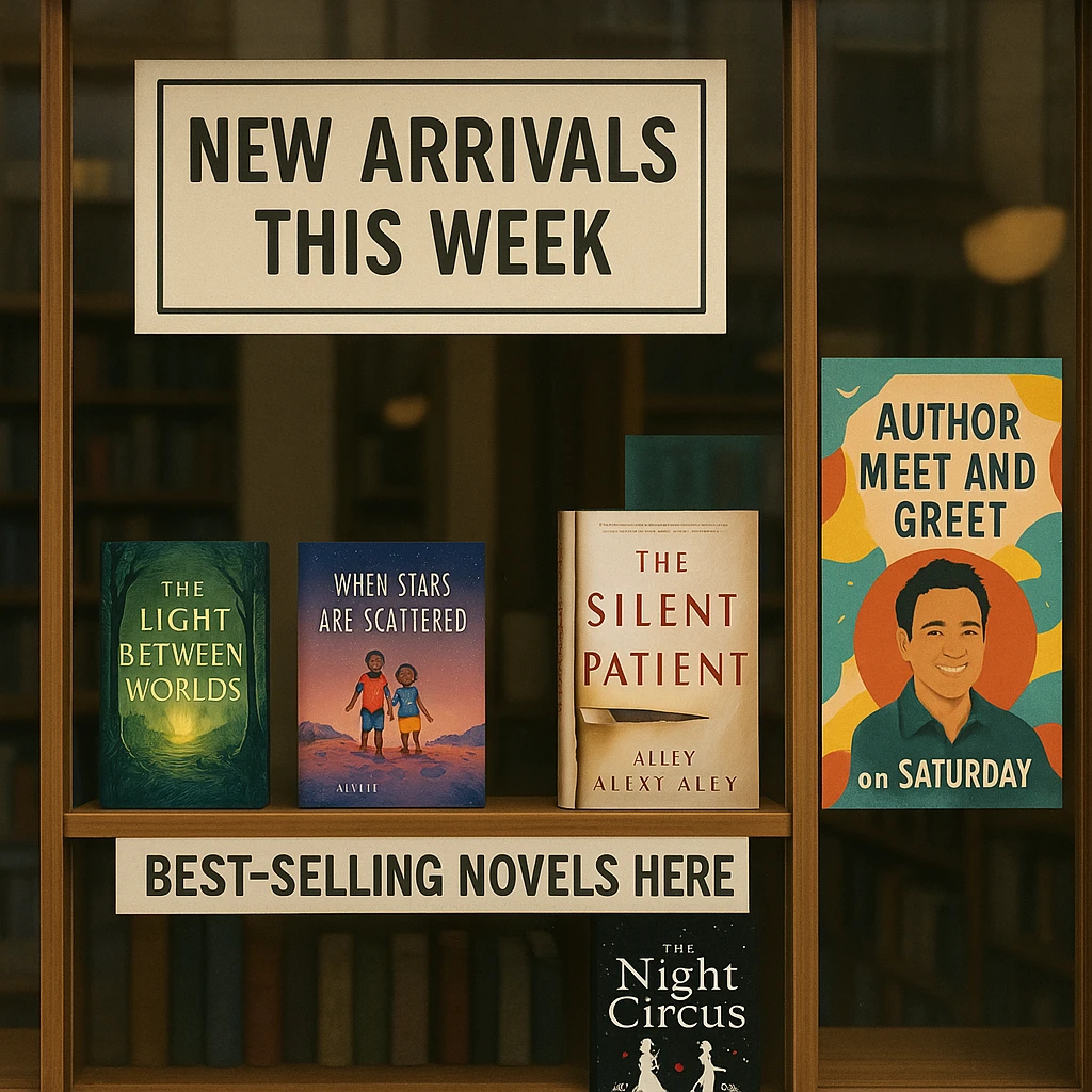 Bookstore window display. A sign displays “New Arrivals This Week”. Below, a shelf tag with the text “Best-Selling Novels Here”. To the side, a colorful poster advertises “Author Meet And Greet on Saturday” with a central portrait of the author. There are four books on the bookshelf, namely “The light between worlds” “When stars are scattered” “The slient patient” “The night circus” emoji