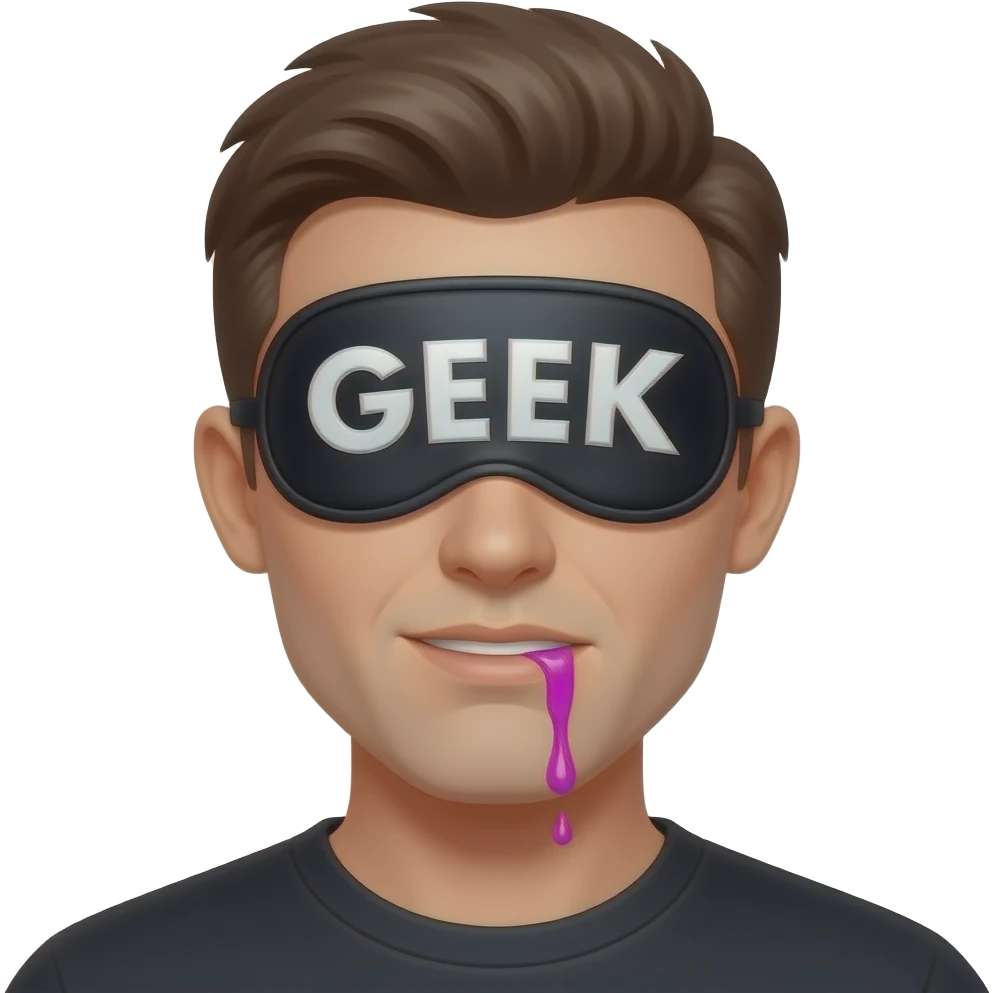 Give me a regular emoji with a black sleeping mask that says "GEEK" and add neon purple lots of drool to the corner of his half opened mouth emoji