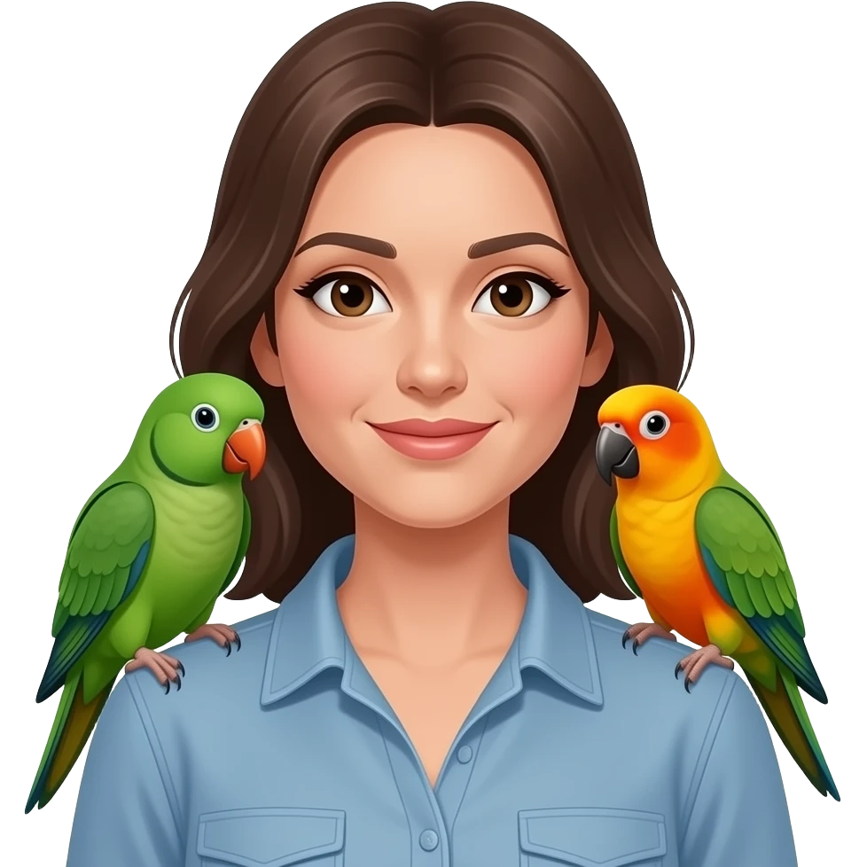 green indian ring neck parrot on a brown haired womans shoulder with a sun conure parrot with all green wings on her other shoulder emoji