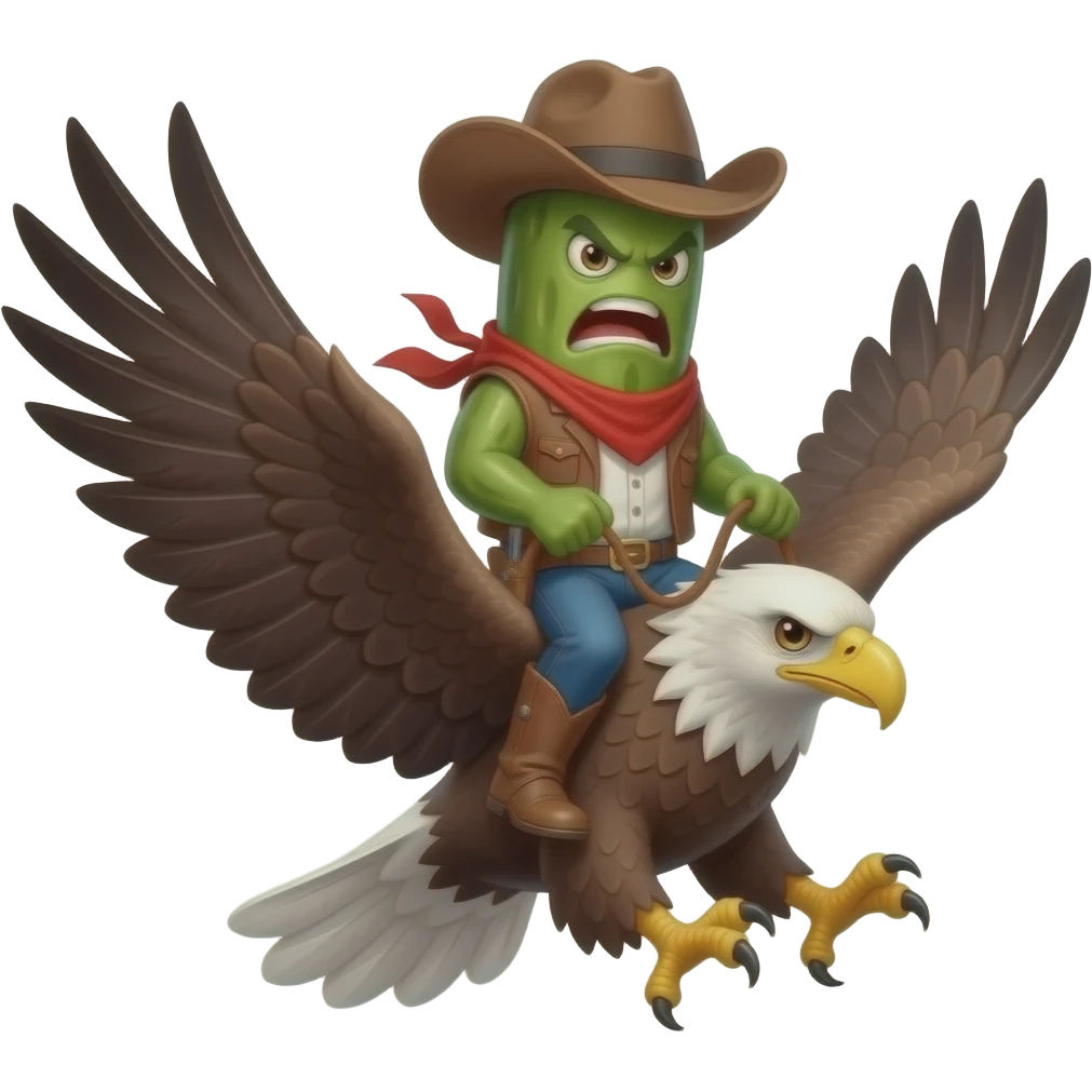 pickle riding an eagle into battle angry pickle. iphone emojis  cowboy pickle emoji