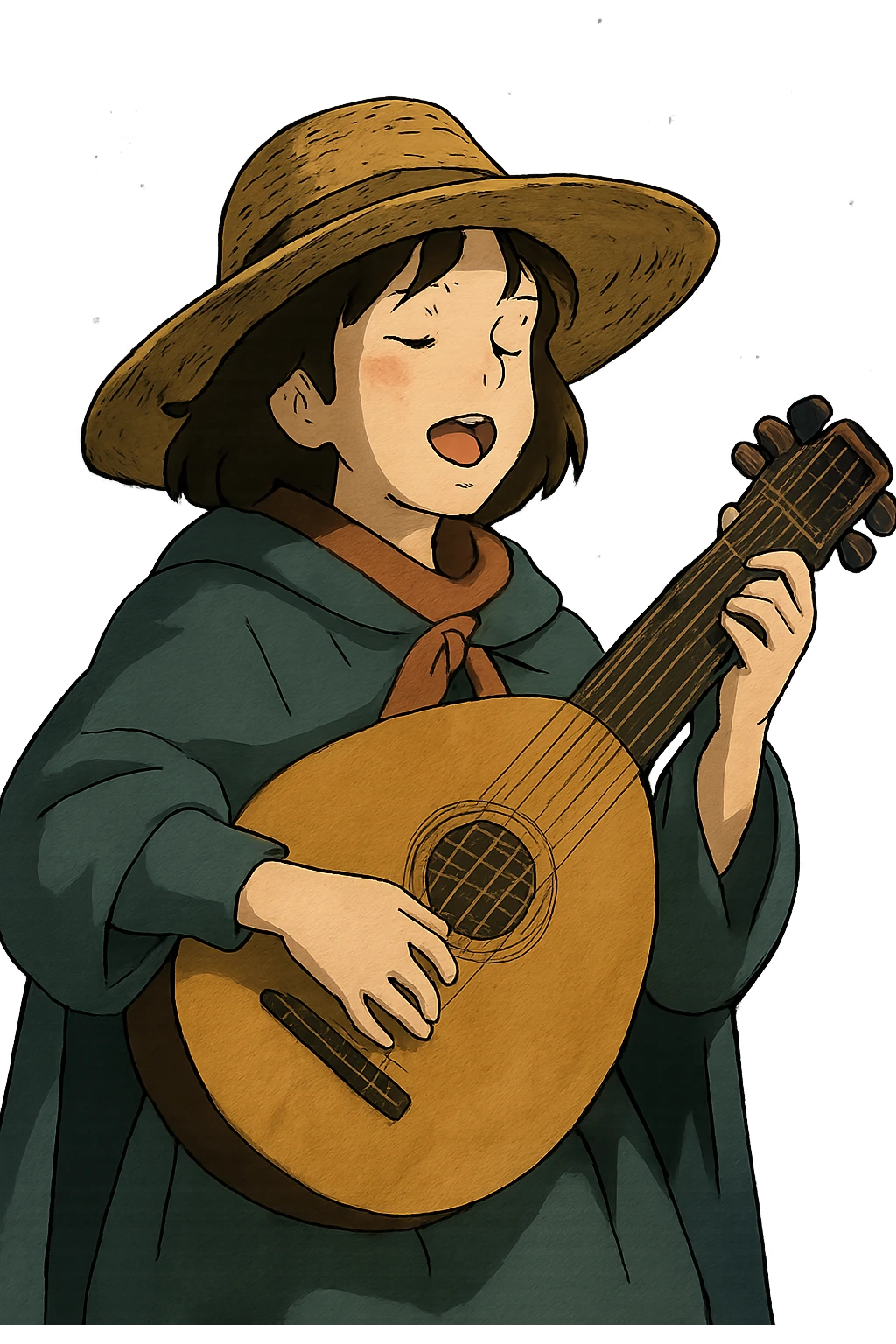 A female bard with a sturdy straw hat, playing a fat lute and singing, night time shadows   emoji