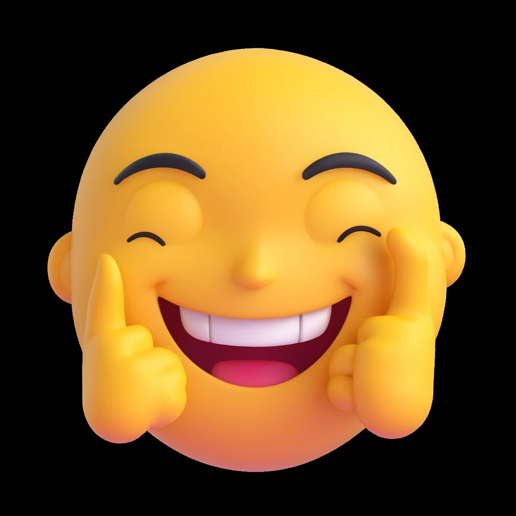 A smug-looking emoji with a wide, crooked grin and half-closed eyes, giving a cocky vibe, whilst mewing with his white hand pointing at his sharp jawline, showcasing a "sigma" look. emoji