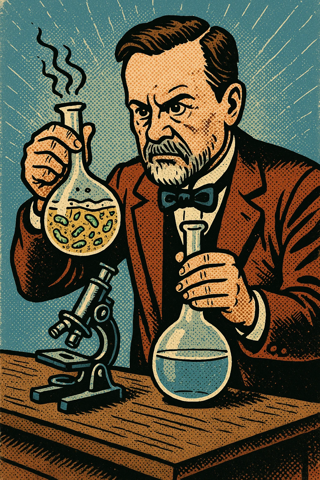 A victorian scientist like Louis Pasteur experimenting with two glass flasks.  One of the flasks has an open top and contains lot of bacteria in the water.  The other flask is sealed and contained clear water.  There is also a microscope on Pasteur's desk emoji