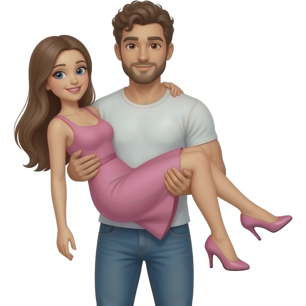 Realistic white skin brown short curly hair with beard muscular man carrying white skin long straight brown hair girlfriend wearing aesthetic pink dress HD emoji
