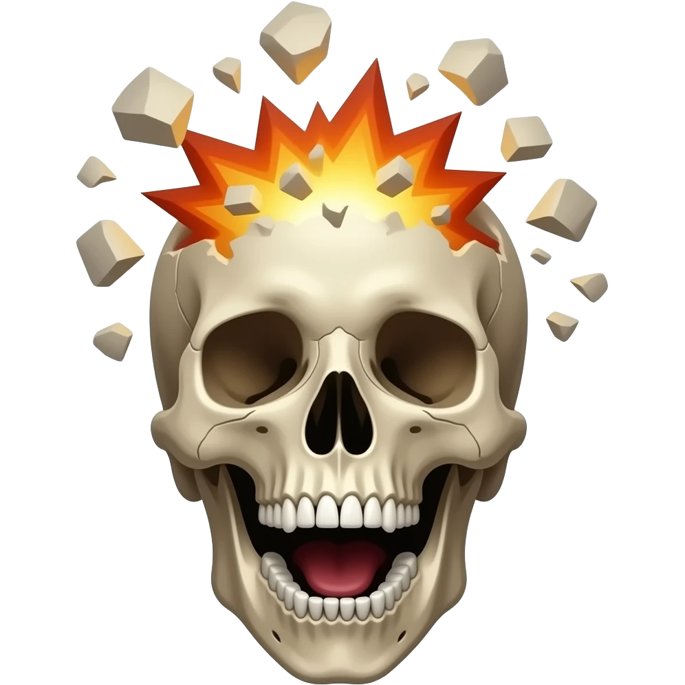 Crâne avec le haut exploser avec les debris et avec la bouche grande ouverte qui regarde la caméra emoji