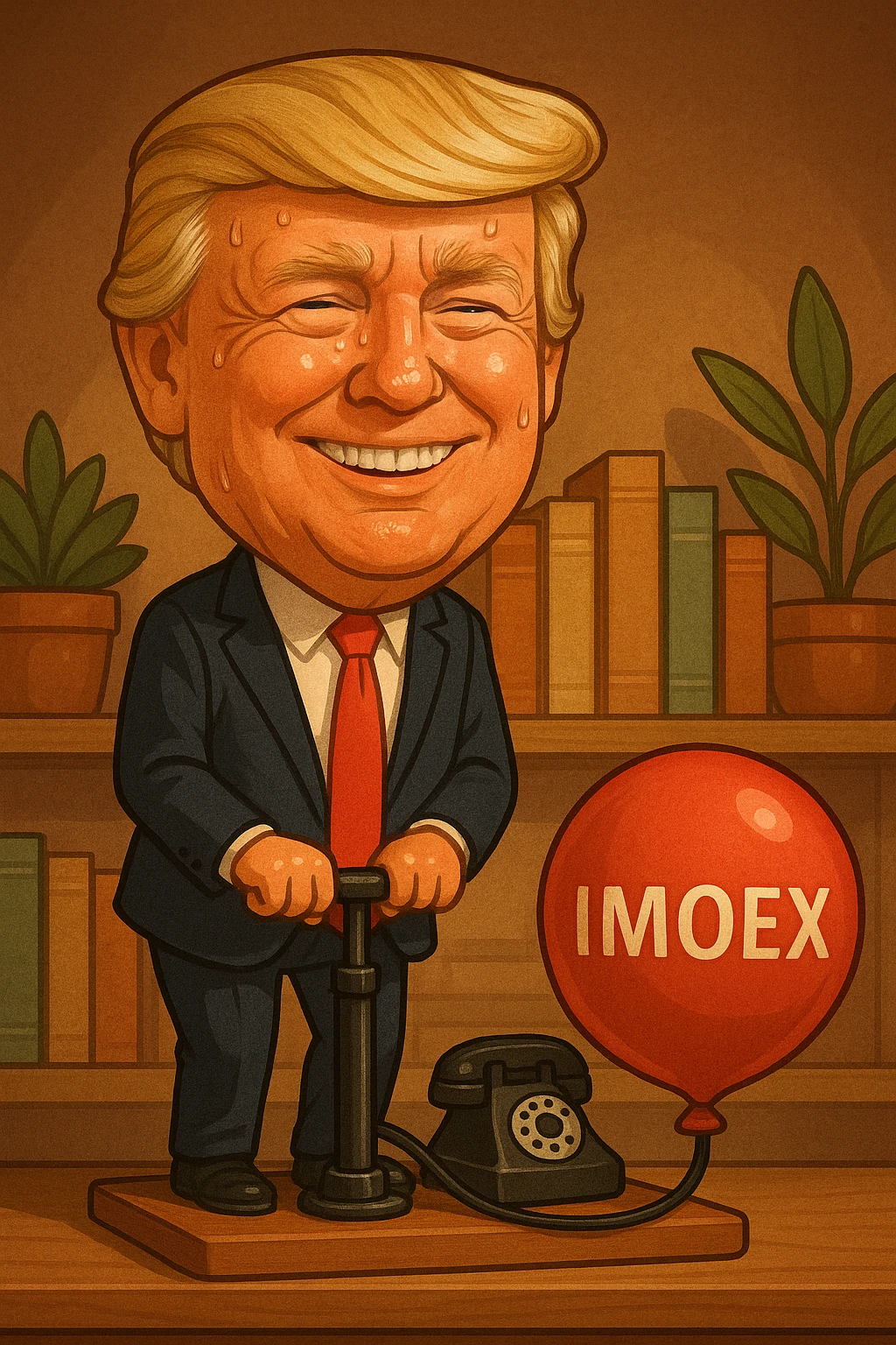 Дональд Трамп  улыбается в поте лица качает через насос в виде старого телефонного аппарата, который подключен к надувающемуся красному шарику, который символизирует фондовый рынок и на нём написано IMOEX emoji