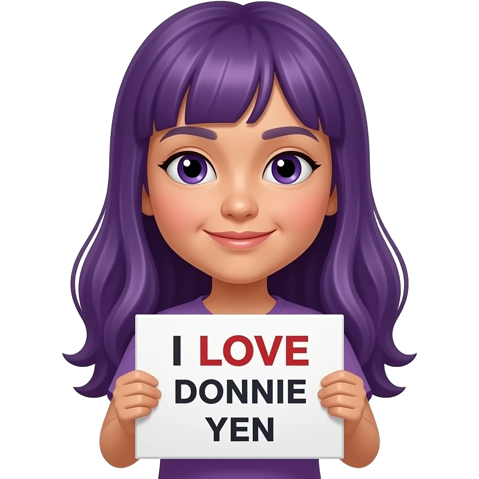 girl with long purple hair holding a I LOVE DONNIE YEN sign emoji