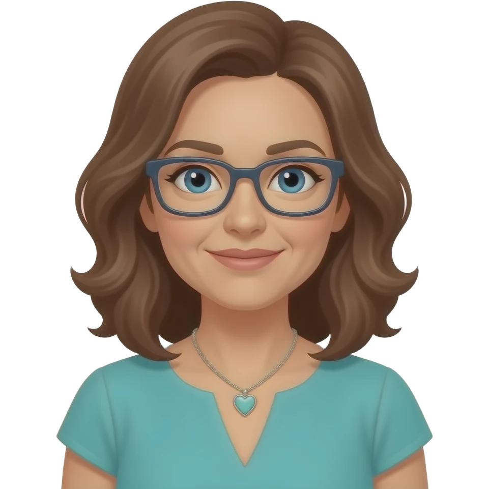 AJM - woman, mid 40's age, mid brown hair, rectangular glasses, shoulder length wavy hair, tiffany heart necklace,  blue eyes, teal dress, emoji