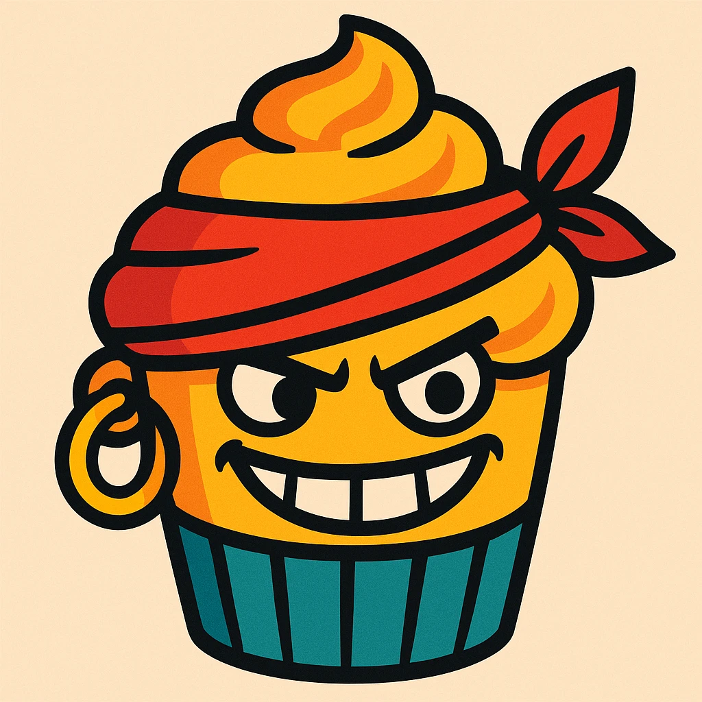 a cupcake with a pirate bandana, gold earring, and mischievous grin emoji