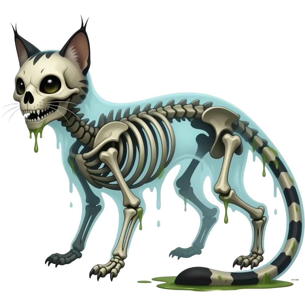 Digitigrade scaly bony skull-faced quadrupedal swampy ghostly dull spectral edgy spooky meager thin cool beautiful skeleton-fantasy-caracal-civet-genet-vernid-Cacomistle-oncilla-Fakémon-hybrid (full body) emoji