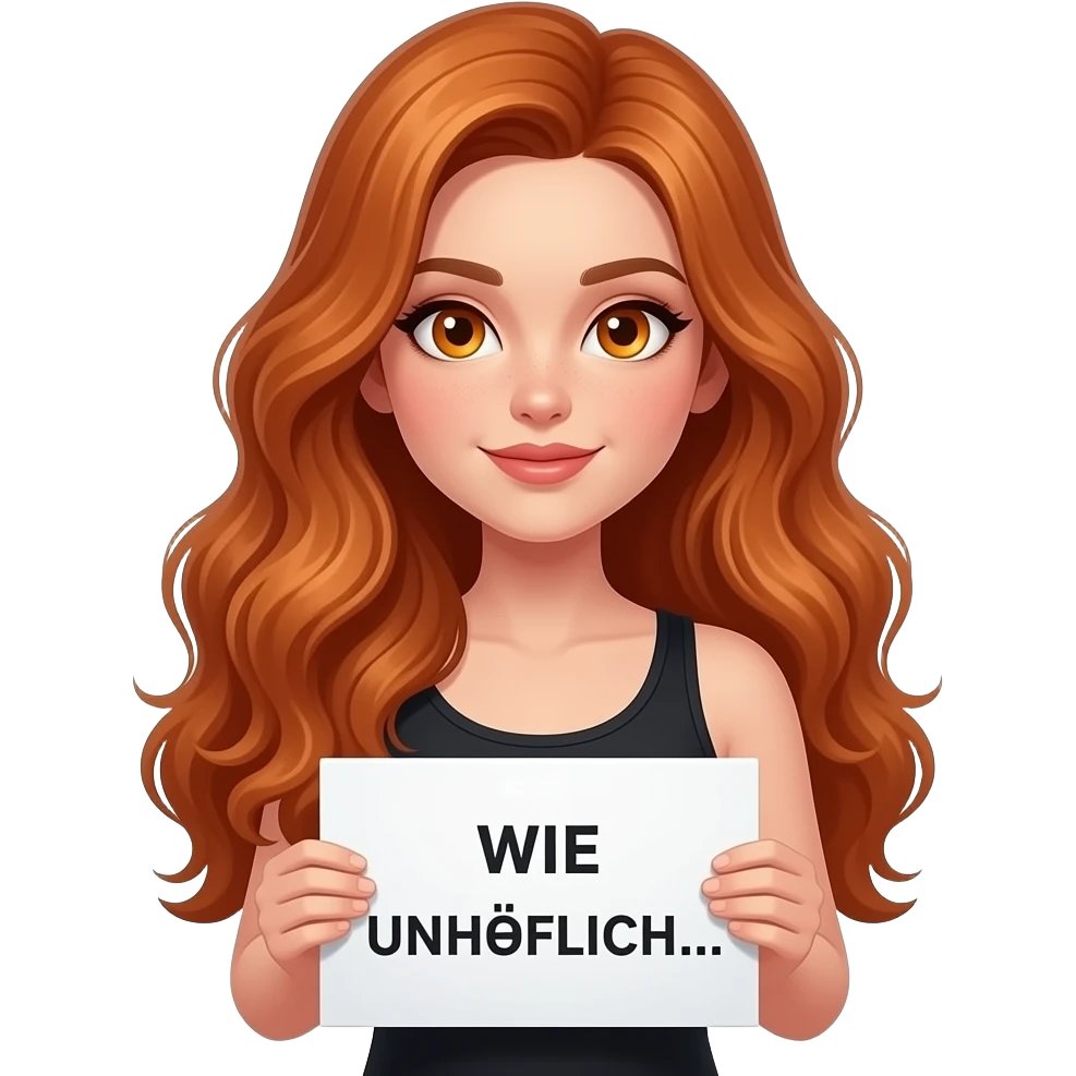 sexy girl with long wavy ginger hair and ginger eyes wearing a black tanktop is holding a white sign with WIE UNHÖFLICH... written on it emoji