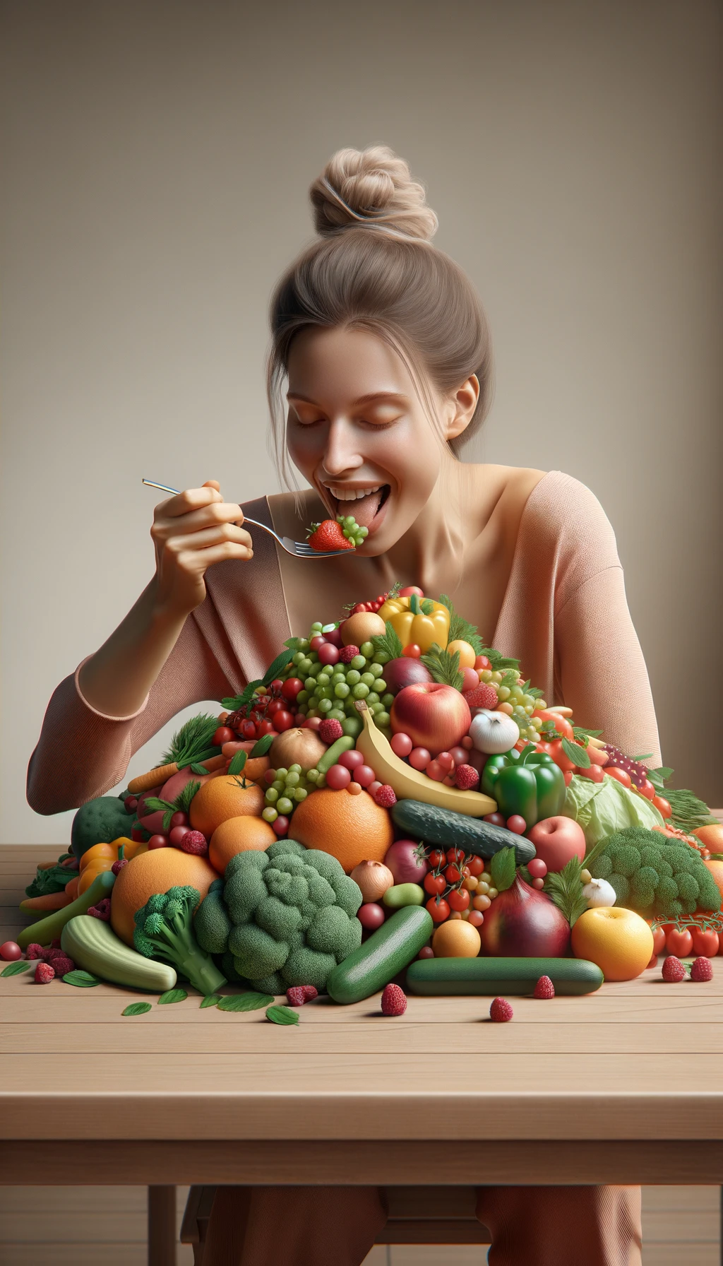 donna che mangia una montagna di frutta e verdura, SFONDO CHIARO NEUTRO, colori realistici, iperrealistico 4k emoji