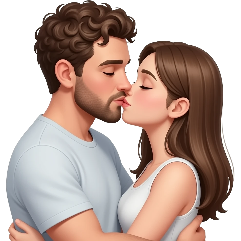 Realistic white man brown super short curly hair with beard kissing strongly and hugging realistic white girl brown straight hair emoji