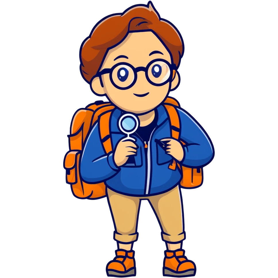 Colorful woman explorer in her 40s with glasses, dark blue and white hiking clothes, backpack, holding magnifying glass emoji