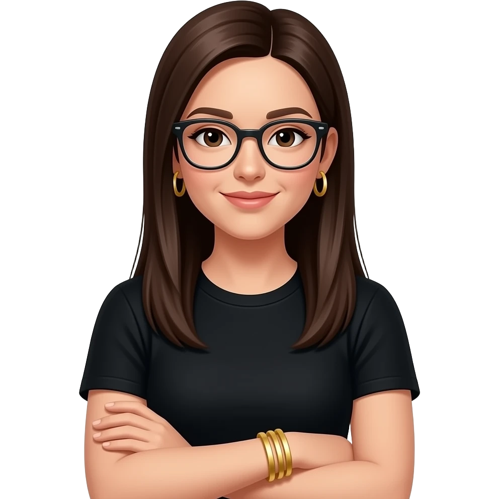 dark brown straight super long hair, glasses, marketing, recruiting, gold bracelets and gold earrings, in black tshirt, emoji
