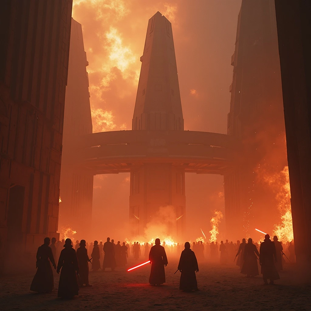 BLASTER FIRE ZIPPING EVERYWHERE, SMOKE, DISTINCTIVE ARCHITECTURE OF A STAR WARS FIGHT SCENE emoji