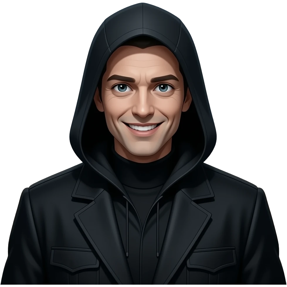 Humanoide con sonrisa perturbadora, vestido de negro, en plaza nocturna vacía con luces tenues y atmósfera inquietante. emoji