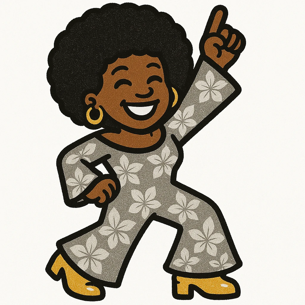 Create a 1970s disco emoji of a female African American in a dance pose with one arm raised, afro hairstyle, joyful expression, and a 70s jumpsuit using only gold, silver, black, and white colors. The style is vibrant and pop colors icon style. emoji
