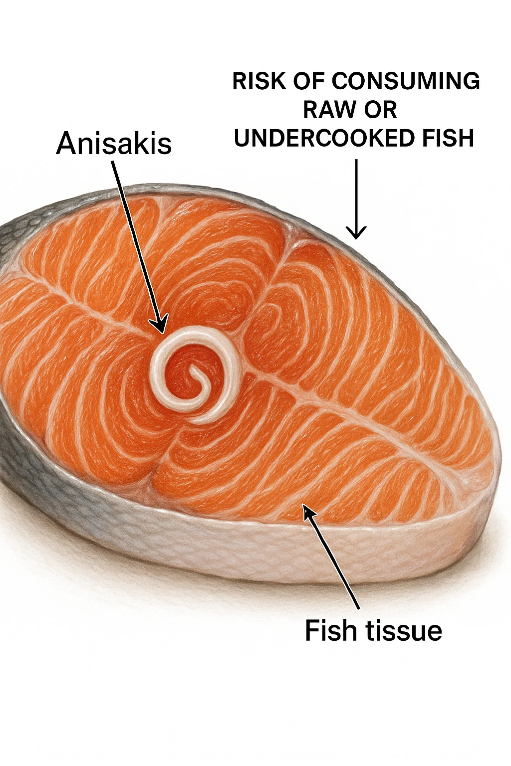 a close-up cross-section of a raw fish fillet, showing a white, coiled Anisakis parasite embedded in the muscle tissue. The parasite is clearly labeled, and the surrounding fish tissue is rendered in detail. The background is clean and white, with educational callouts explaining the risk of consuming raw or undercooked fish. emoji