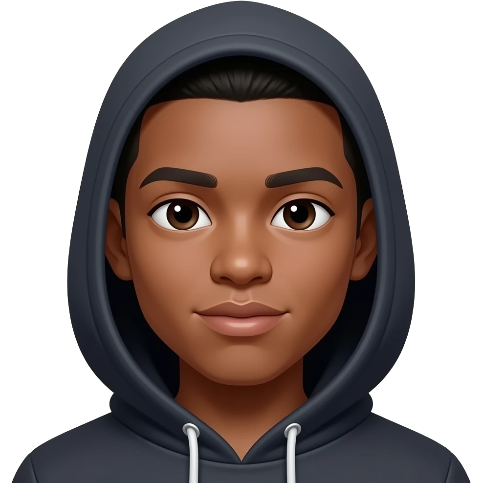 very dark skin, super hooded asain eyes, male, staight fade haircut, thick lips, flat botton nose, teenager emoji