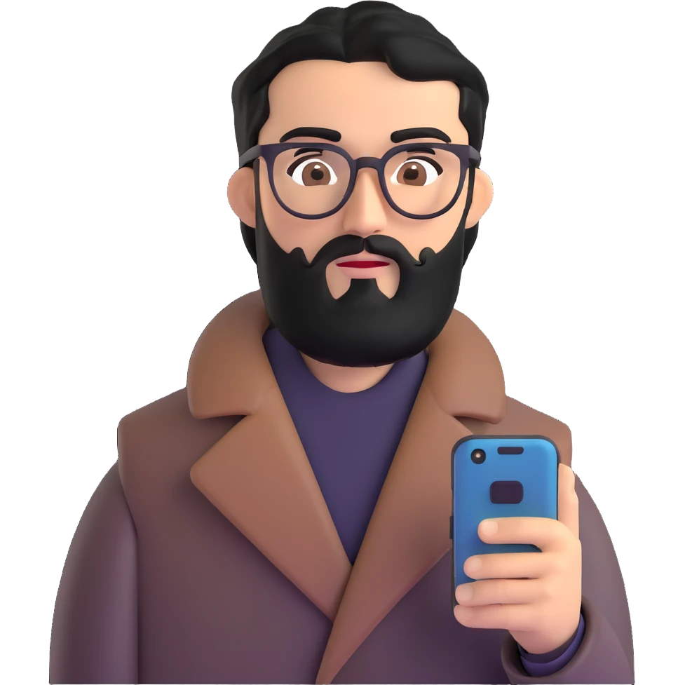professional man with medium black beard, black hair combed to one side, connected unibrow, olive tan skin, brown eyes, glasses, prominent nose, wearing black coat, intently looking at and interacting with smartphone screen, with subtle office background emoji