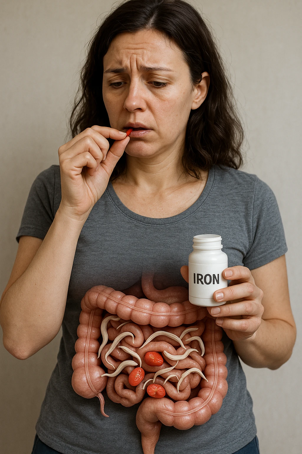 donna con parassiti intestinali che prende integratore di ferro, ma lo mangiano i suoi parassiti. Immagini realistiche emoji