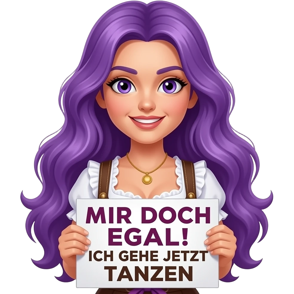 sexy girl with long purple hair and purple eyes wearing a dirndl holding a MIR DOCH EGAL! ICH GEHE JETZT TANZEN sign emoji