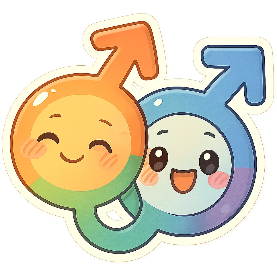 gay pride two interlocked male symbols in rainbow colors with playful expression, chibi style emoji