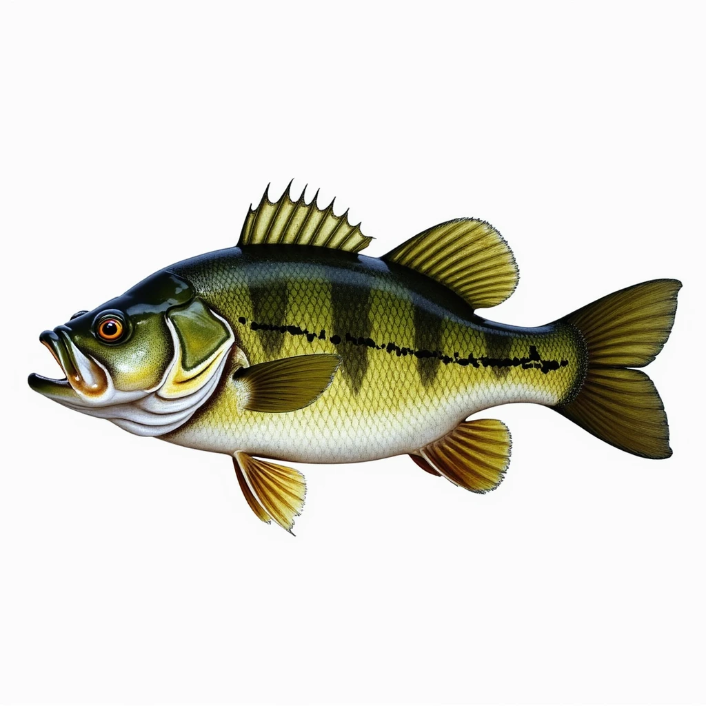 largemouth bass, realistic fish, side view, detailed scales, natural green and white coloring emoji