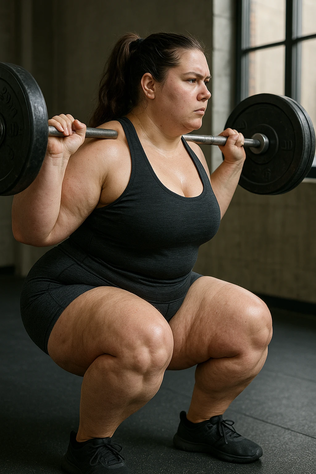 donna grassa con lipedema alle gambe che fa uno squat di profilo con bilanciere, IPERREALISTICA 4K emoji