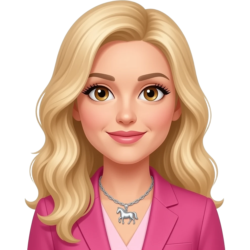 female, big lashes, blonde hair, very long wavy hair, hazel eyes, mid 30's, silver large horse necklace, hair swept off forehead on left side, pink accountant emoji