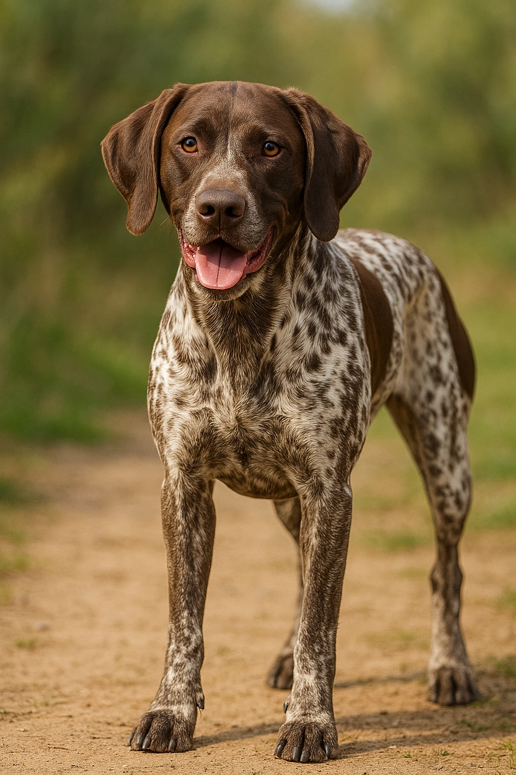 realistic german shorthaired pointer dog, standing, white and brown spots, friendly expression emoji