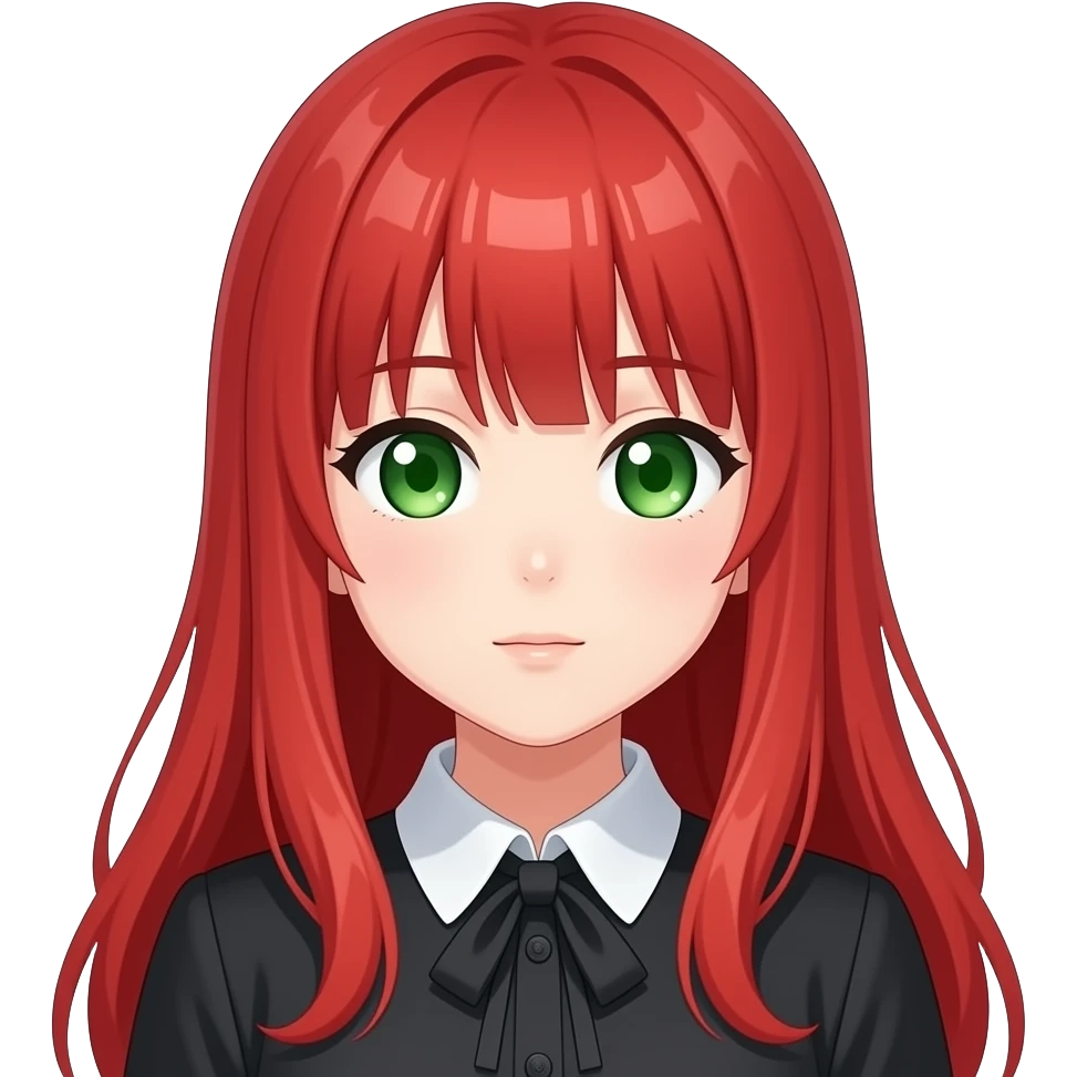anime girl head nod long red hair green eyes black blouse with white collar emoji