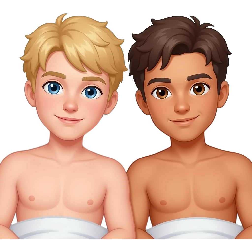 Make a young gay teen couple on a Date , one has light Skin with Blond Hair and Blue Eyes, the other one has slightly brown skin witz dark Brown Hair and Brown Eyes. They are laying shirtless on a couch. emoji
