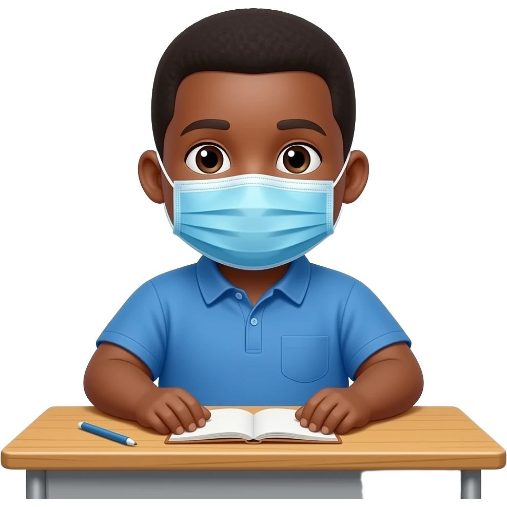 fat black boy  sitting at class desk with blue mask emoji