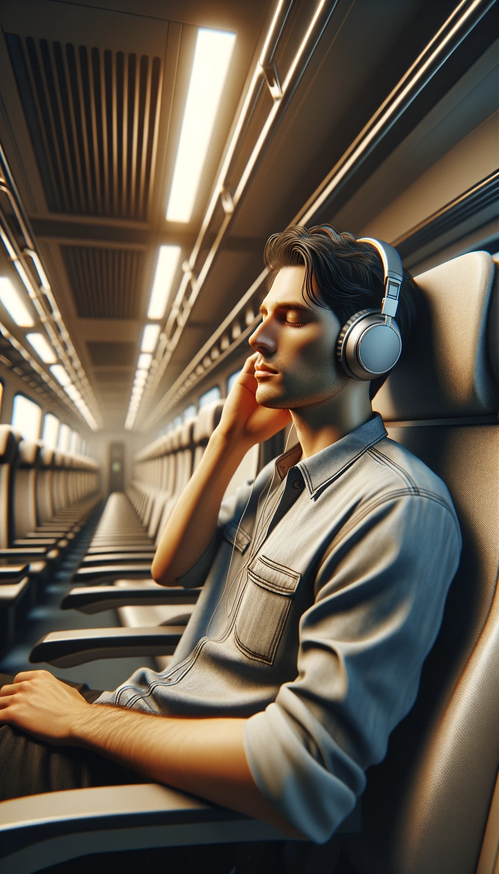 UOMO che ASCOLTA MUSICA CON LE CUFFIETTE NELLE ORECCHIE E GLI OCCHI CHIUSI SEDUTO SUL SEDILE DI UN TRENO, sullo sfondo L'INTERNO DELLA CABINA DI UN TRENO con toni chiari neutri, iperrealistico 4k emoji