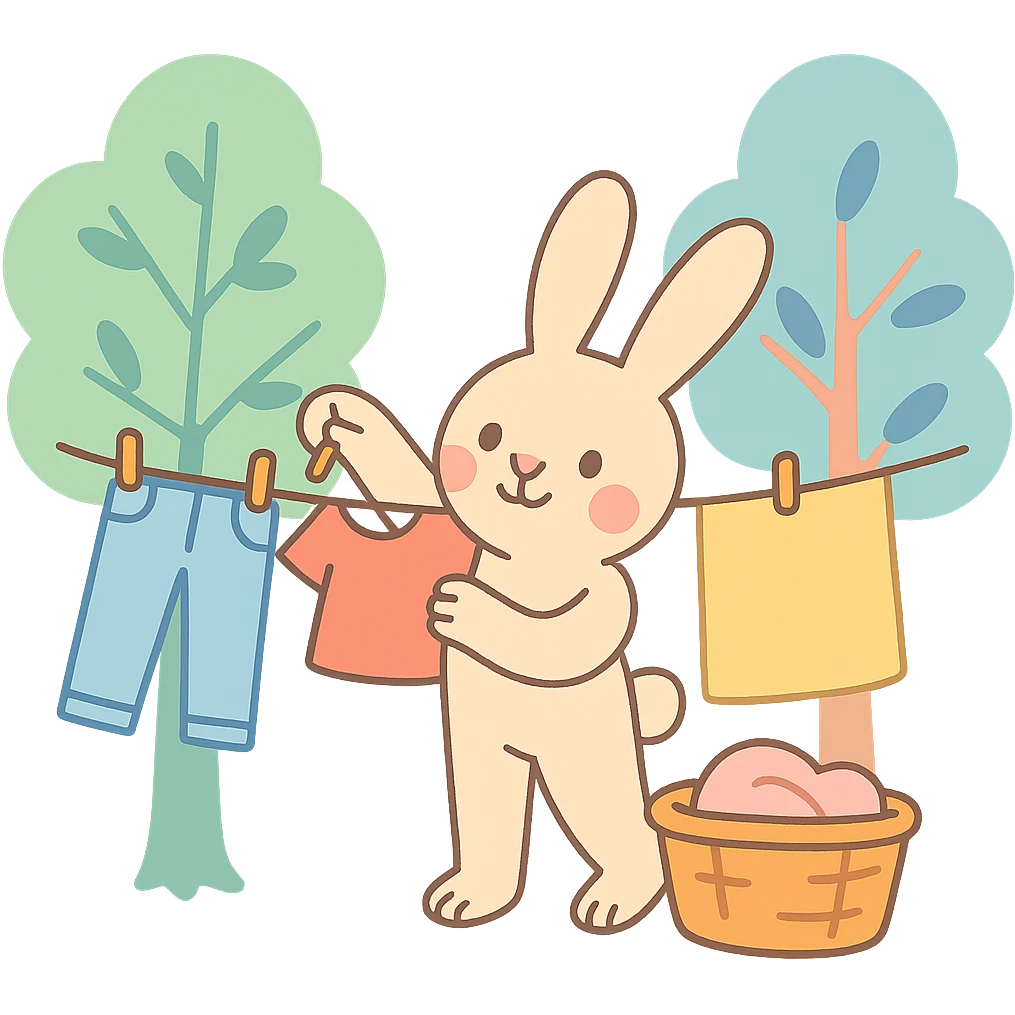 a bunny hanging laundry between trees, calming domestic forest feel, soft pastel colors, pastel toon style emoji