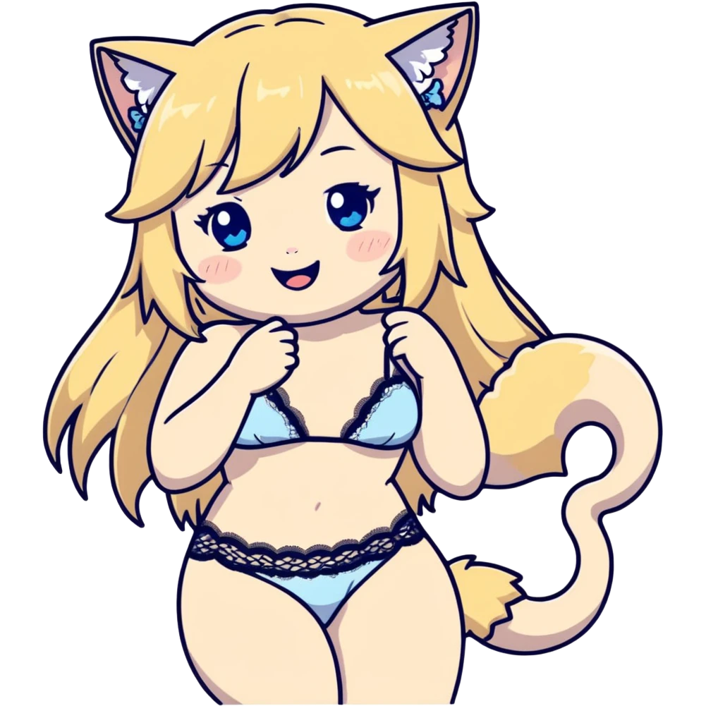 painting of flirty petite blonde blue eyes catgirl soft body long hair freckles giggling flirty shy lace white bikini tight waist wide hips historical Japanese art influence emoji