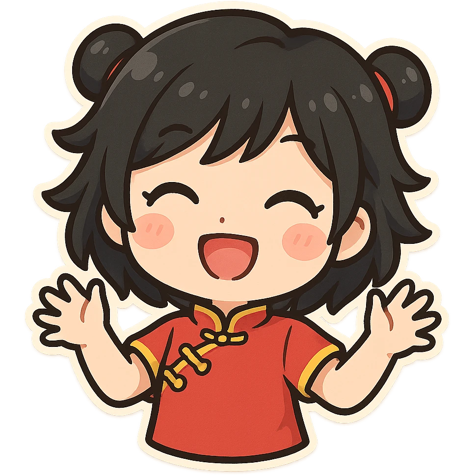 Chinese girl, black layered hair, vibrant and cute, cartoon style, cheerful mood emoji