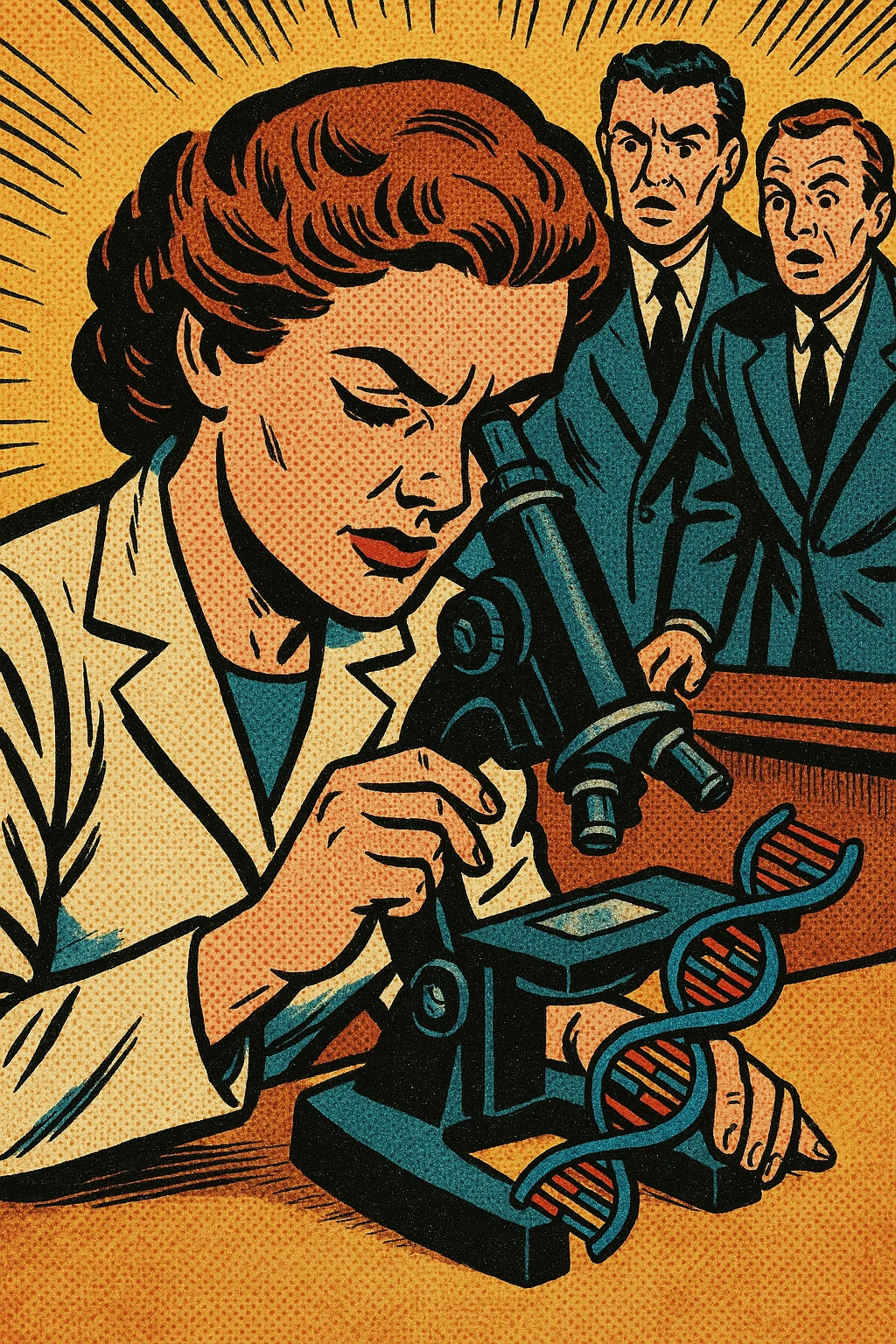 A 1950s female scientist making a DNA discovery using a microscope with other male scientists watching emoji