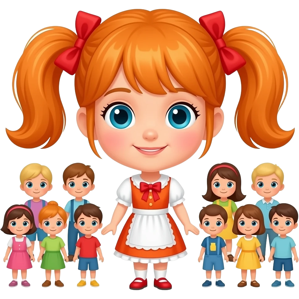 Musée biblique Lil Jilin : Arrière-plan de l'arche de Noé. Une fillette aux cheveux orange en couettes et nœuds rouges, vêtue d'une robe entourée de nombreux enfants. emoji