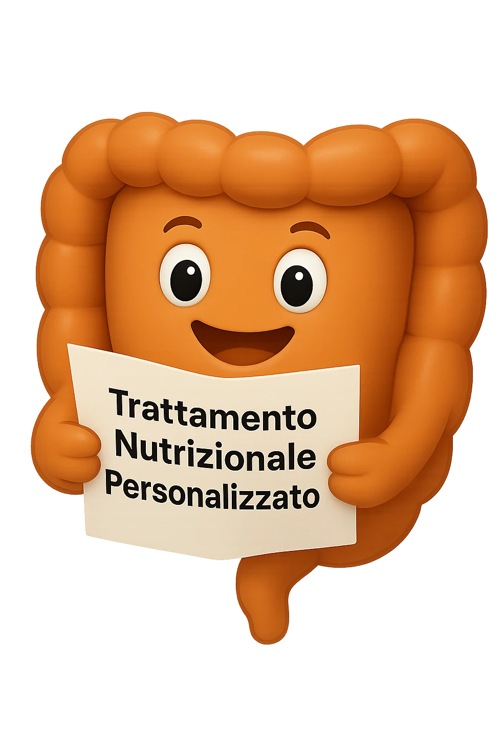 emoji stile iphone di un intestino realistico felice che legge un foglio con la scritta "trattamento nutrizionale personalizzato", non fargli il naso, iperrealistico 4k emoji