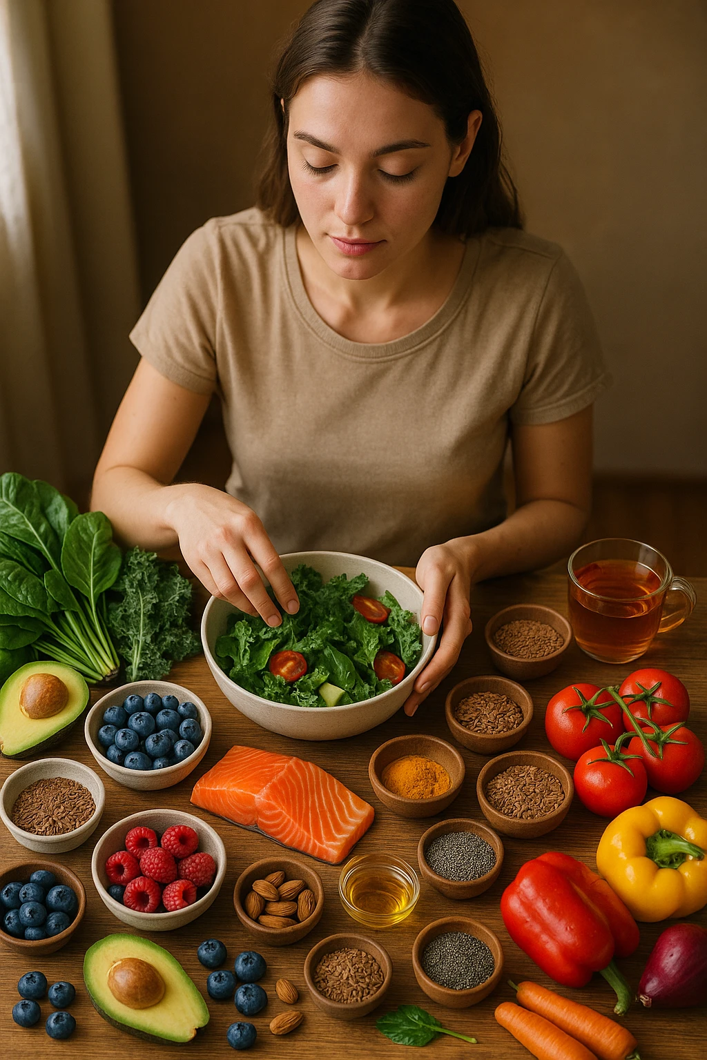 A realistic, cinematic flat-lay image of a clean wooden kitchen table filled with fresh, colorful whole foods known to help reduce androgen excess naturally. The table includes leafy greens like spinach and kale, avocados, berries, colorful vegetables, nuts, seeds (chia and flaxseeds), wild-caught salmon, and herbal teas, carefully arranged in an aesthetically pleasing, organized manner. A small glass bowl with olive oil and another with turmeric powder are included, emphasizing anti-inflammatory properties. In the scene, a young woman with clear, healthy skin and a calm expression is preparing a bowl with these ingredients, symbolizing a hormone-balancing diet. Warm, natural daylight streams in, creating a cozy and inviting atmosphere. The style is hyper-realistic 35mm photography, with vibrant yet soft colors, showcasing textures of the fresh produce and the peaceful vibe of using nutrition to support hormonal balance in italiano emoji