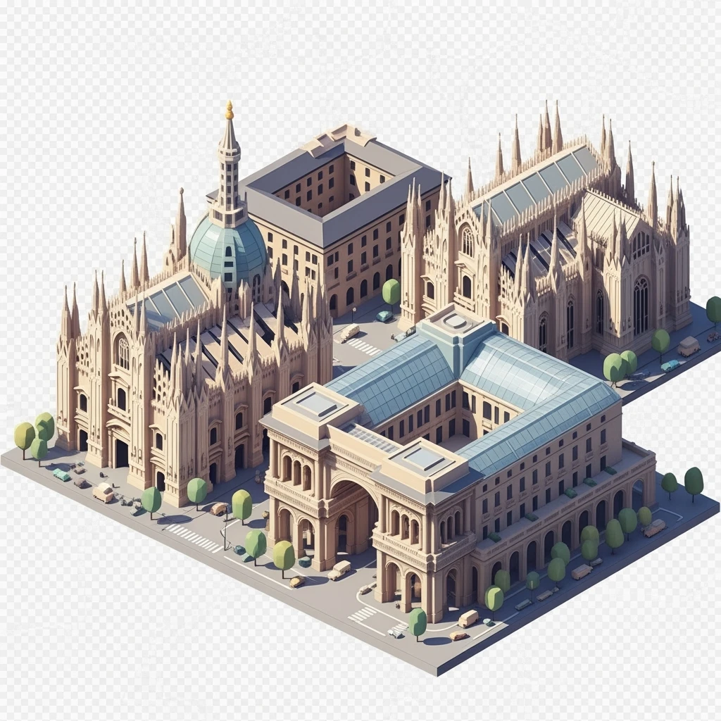 Isometric Milan with the Milan Cathedral (Duomo di Milano) and Galleria Vittorio Emanuele II arcade, toy-style elements, soft shadows, pastel diorama style, transparent background emoji