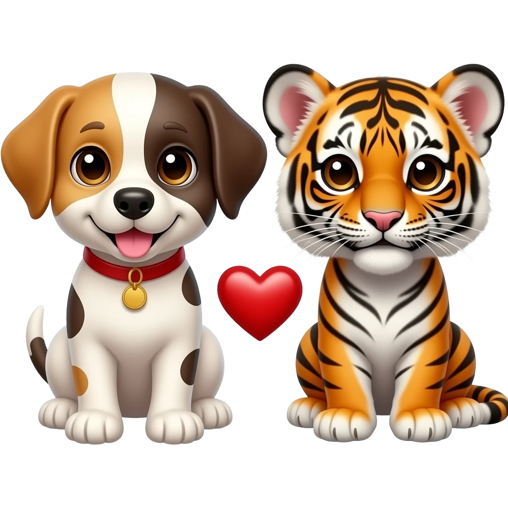 puppy dog and tiger cub with love heart in between emoji