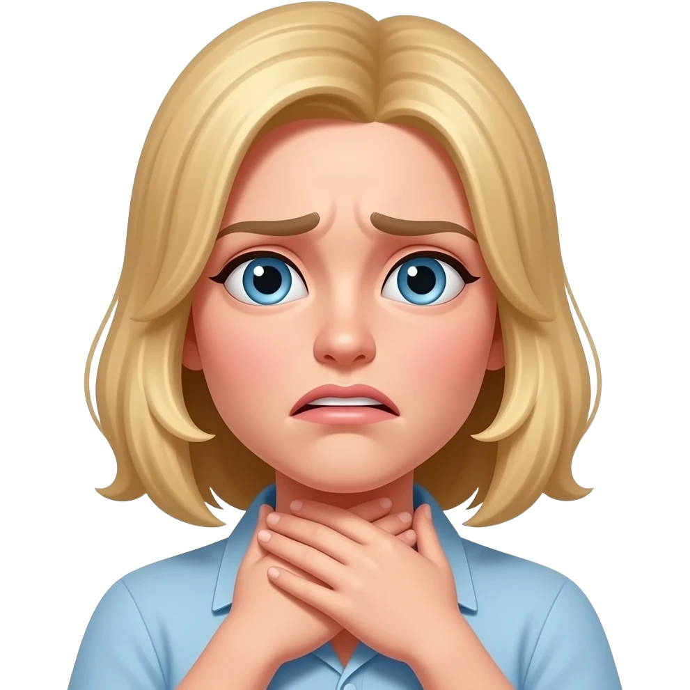Blonde girl pretending to choke herself with two hands in a joking way with a face of disgust emoji