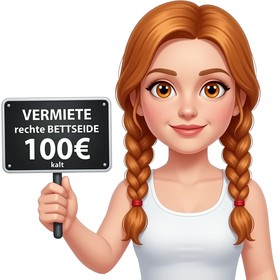 sexy girl with long ginger braids and ginger eyes wearing a white tanktop is holding a black sign with VERMIETE rechte BETTSEITE 100€ kalt written on it emoji