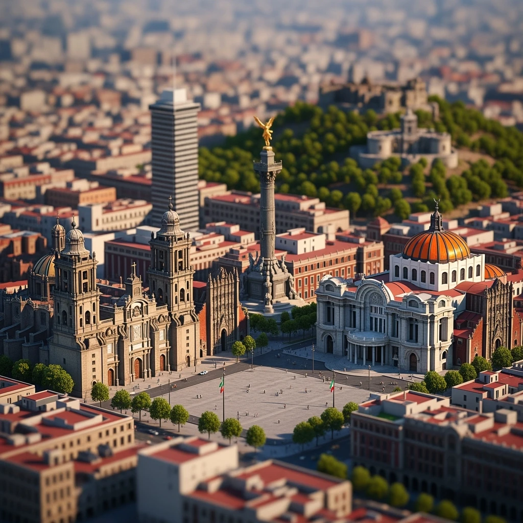 Isometric miniature of Mexico City Zócalo square with Metropolitan Cathedral, Palacio de Bellas Artes, Torre Latinoamericana, Chapultepec Castle, and Angel of Independence, atmosphere of the city 3D miniature effect and Tilt Shift effect, no cartoonish look, transparent background. emoji